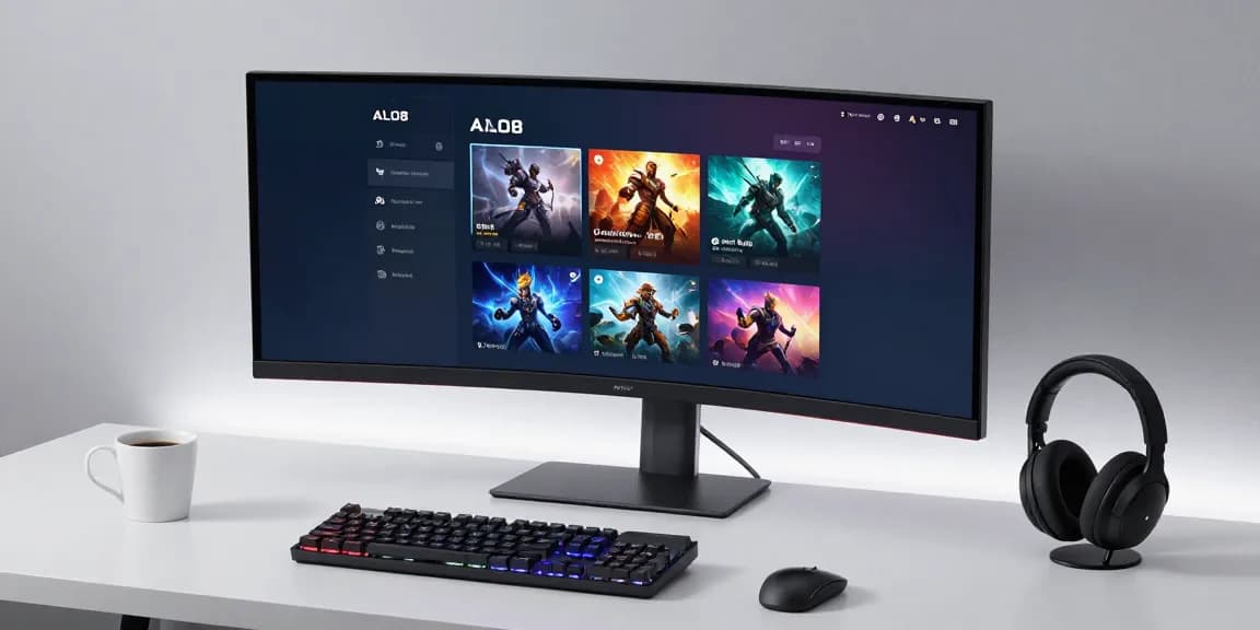 alo868 gaming platform interface showcased on an ultra-wide monitor in a modern developer workspace featuring advanced software development tools.