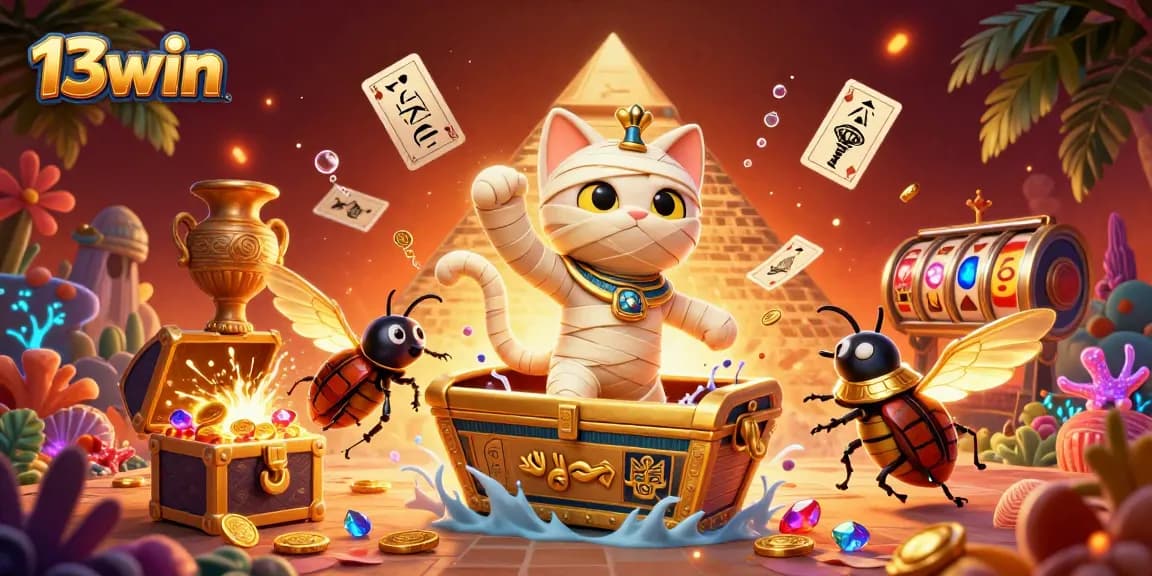 Engage with 13win's thrilling casino experience featuring a mummy cat and scarab in an immersive pyramid setting.