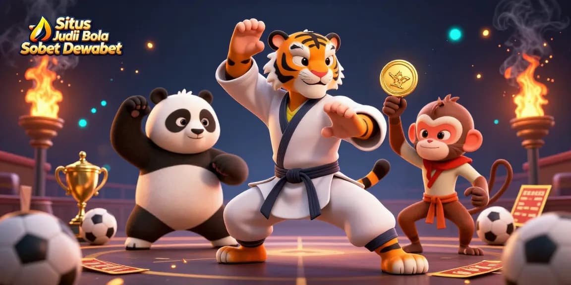 Situs Judi Bola Sbobet Dewabet sports betting scene with tiger master, panda disciple, and monkey student in action