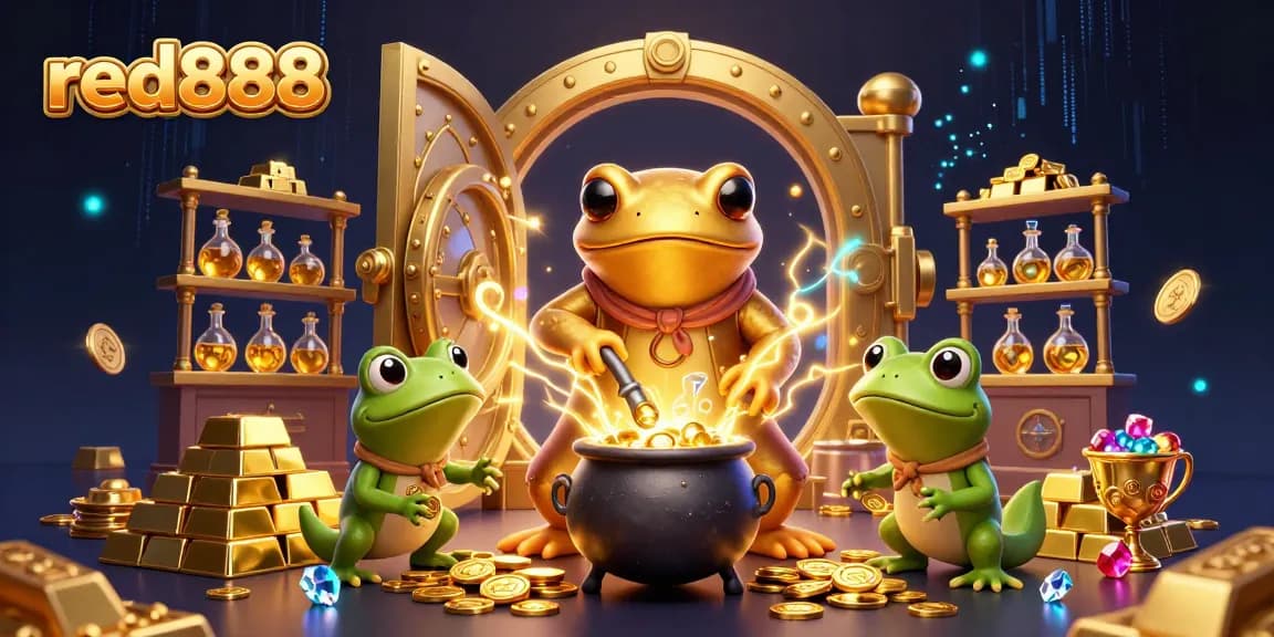 Experience red888's magical casino world with a golden salamander creating wealth.