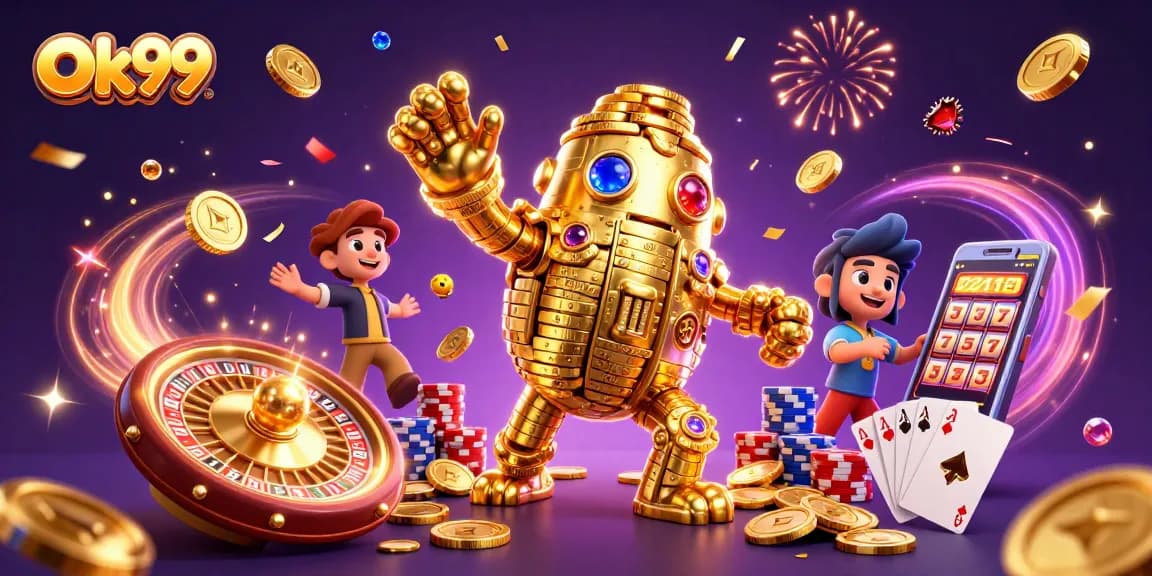 Engage in thrilling gaming adventures at Ok99 with a vibrant 3D casino scene featuring captivating characters and elements.