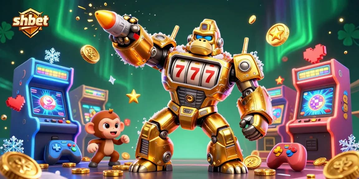 Join the excitement at shbet with the golden gorilla mech celebrating wins in a vibrant casino atmosphere!