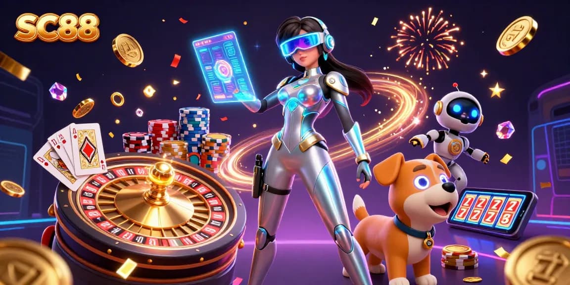 Engage in festive gameplay at SC88 with a vibrant 3D casino scene featuring dynamic elements and glowing characters.