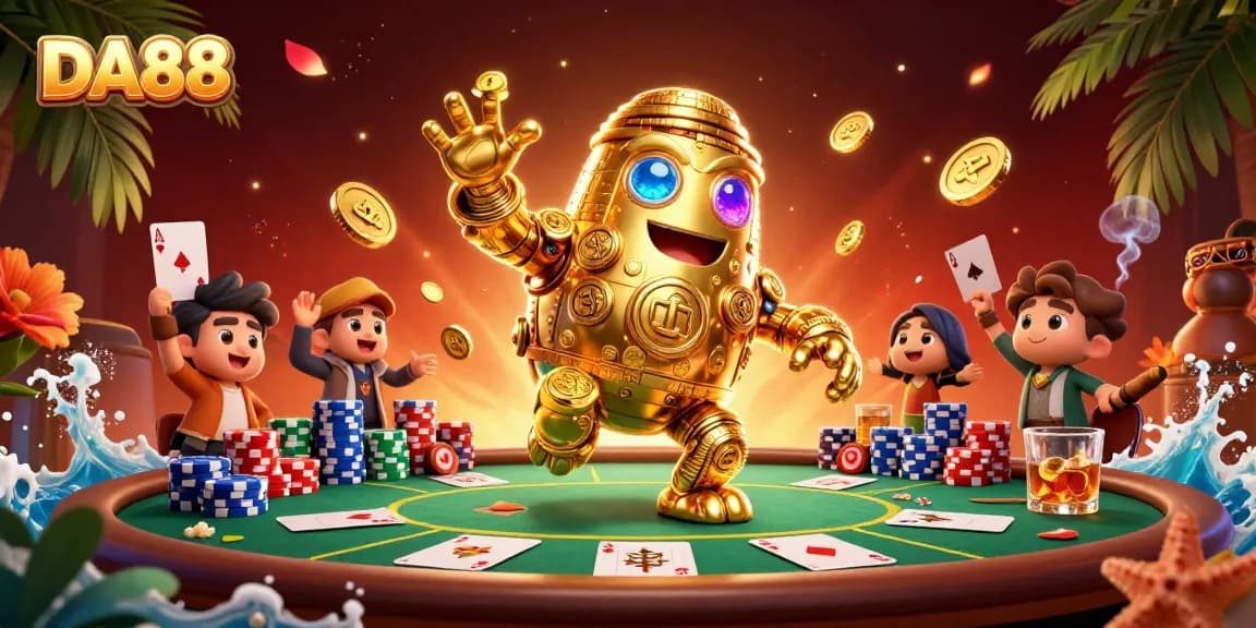 Spin the reels with DA88 in a vibrant casino scene featuring golden golem and poker elements