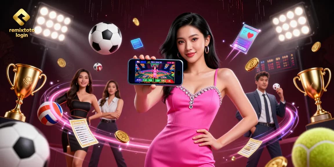 The remixtoto login scene features a stylish woman playing live dealer games, surrounded by dynamic casino elements.