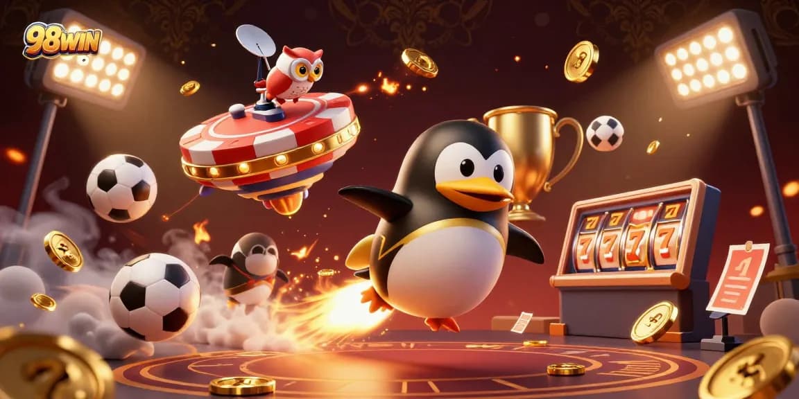 Bet on excitement with 98WIN's vibrant 3D illustration featuring a golden penguin and dynamic casino elements.