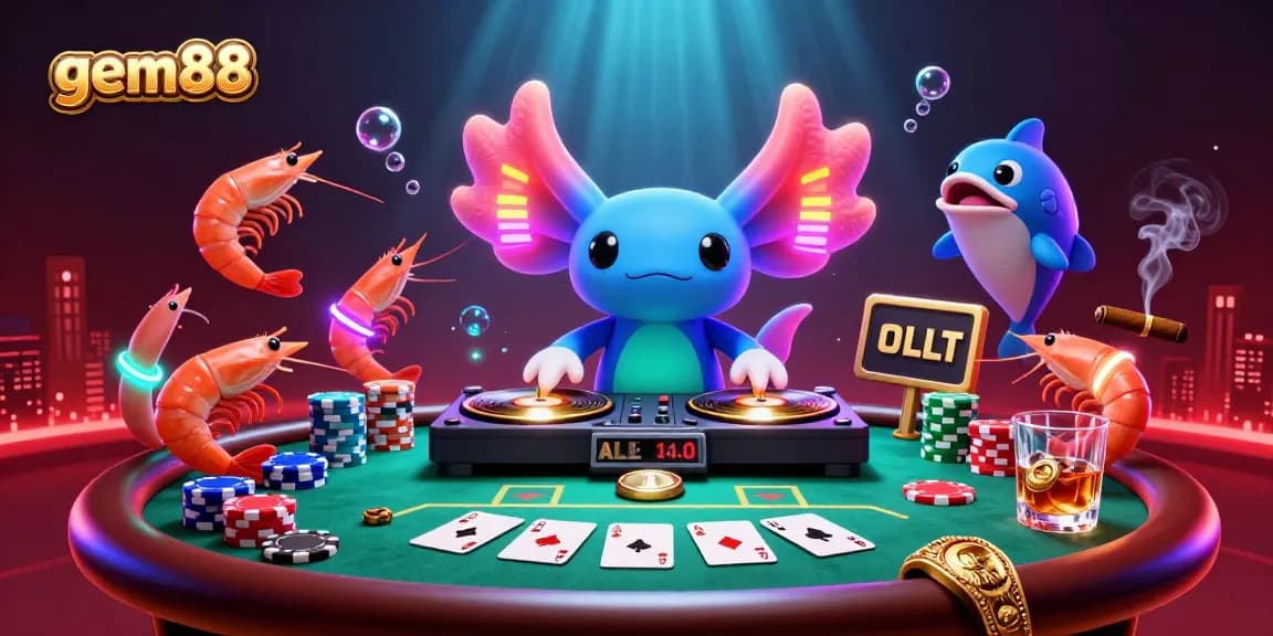 Experience gem88 vibrant casino excitement with axolotl DJ and colorful poker theme