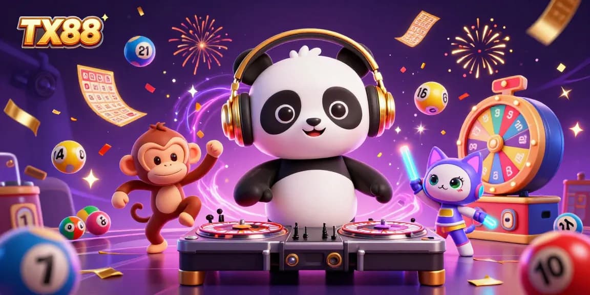 Engage with TX88 at this vibrant casino scene with DJ panda and breakdancing monkey.