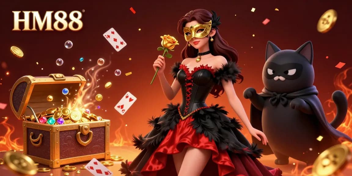 Play and win at HM88 with a stunning 3D illustration featuring a masked woman and vibrant casino elements.