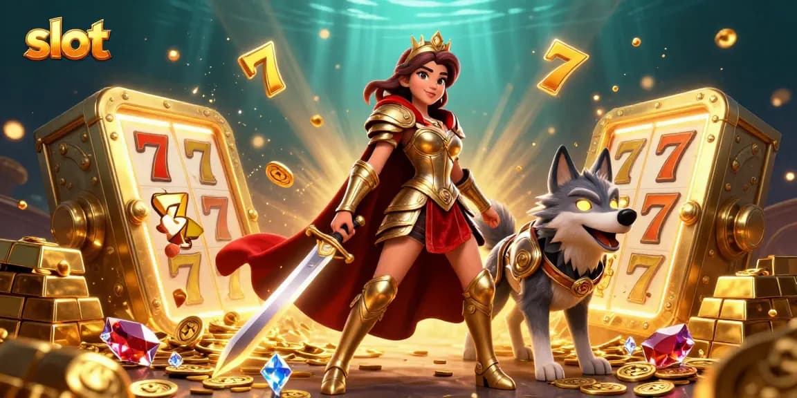 Play engaging slot games with captivating visuals of a warrior queen and her wolf companion amidst jewels.