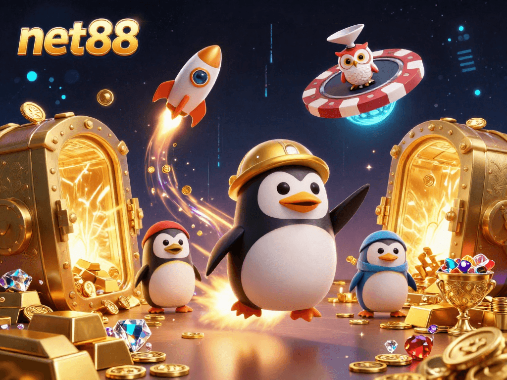 Experience thrilling wins at net88, featuring a golden penguin, treasure, and casino elements.
