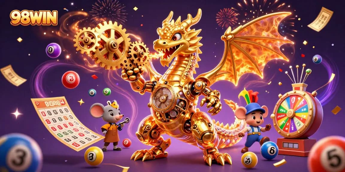Experience thrilling gameplay at 98WIN with vibrant lottery elements and a golden dragon!