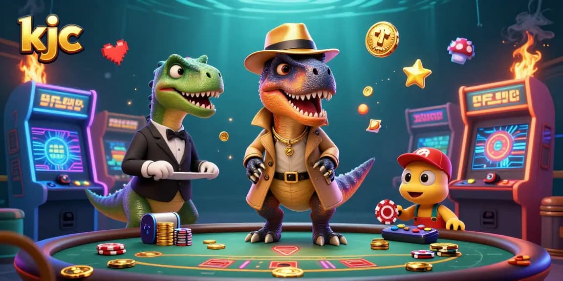 Experience the thrill of kjc gaming with a velociraptor card counter and stegosaurus pit boss in a vibrant casino scene.