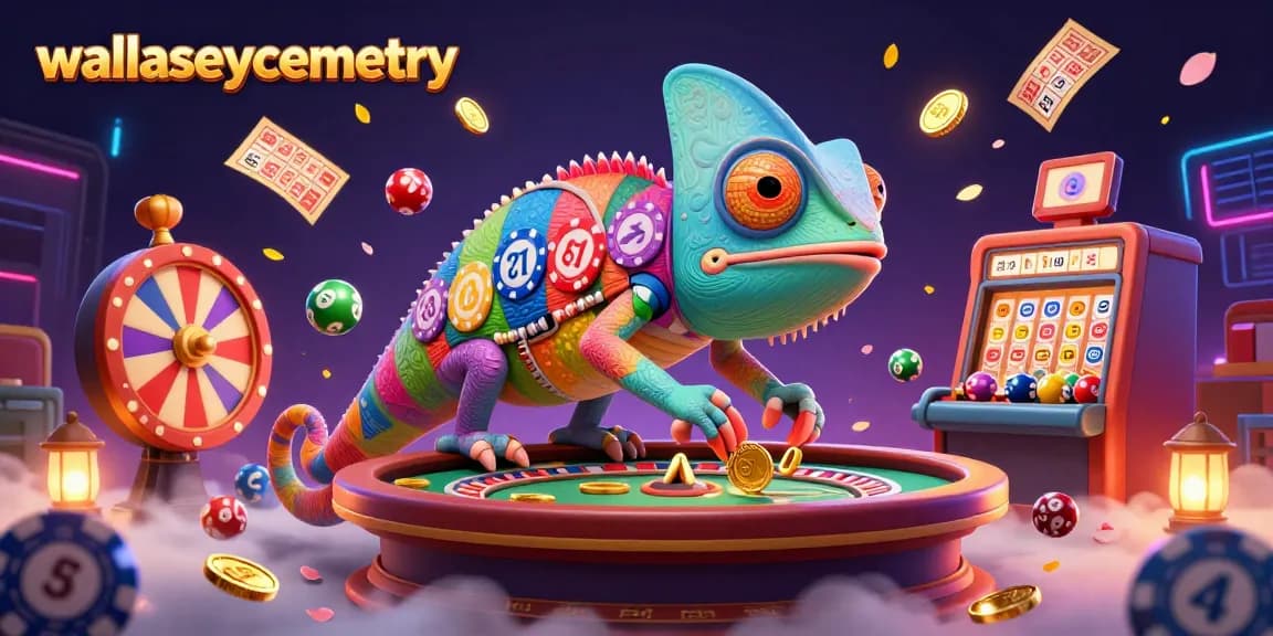 Experience the charm of wallaseycemetery with vibrant gambling elements featuring a colorful chameleon and festive lottery scenes.