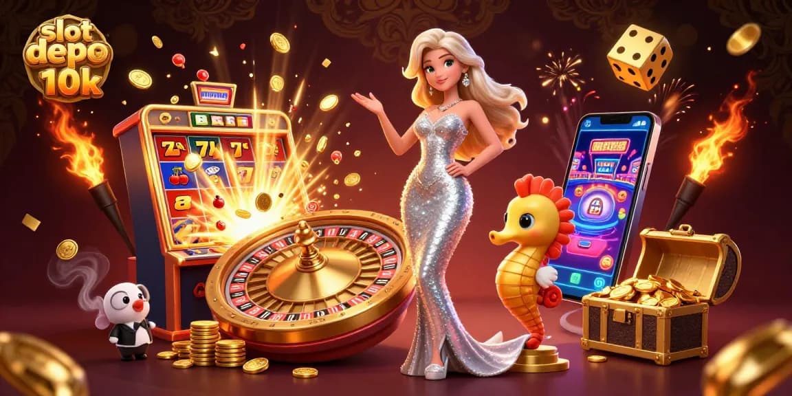 Spin to win with slot depo 10k in a vibrant 3D casino scene featuring exciting game elements.