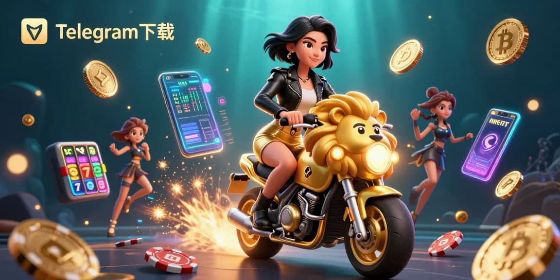 与Telegram下载一起享受刺激的游戏体验，画面中是一位时尚的亚洲女性骑着金色狮子吉祥物，周围环绕着生动的赌场元素。