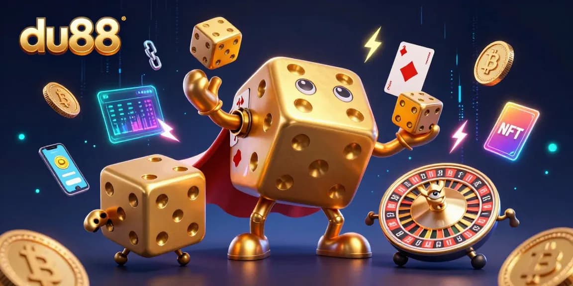Engage with du88's vibrant 3D casino scene showcasing animated golden dice and crypto elements in an energetic atmosphere.