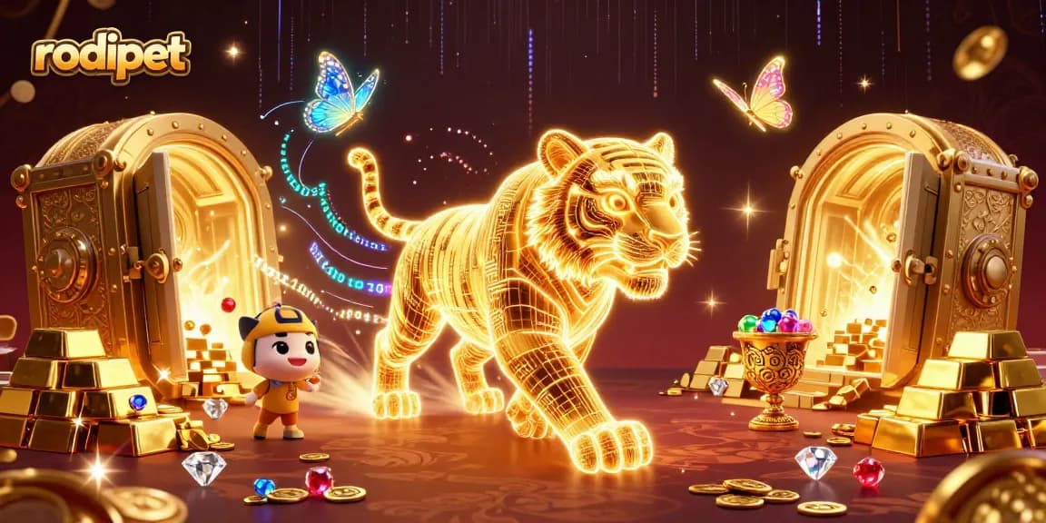 Engage with rodipet in a vibrant digital casino landscape filled with treasures and neon lights.