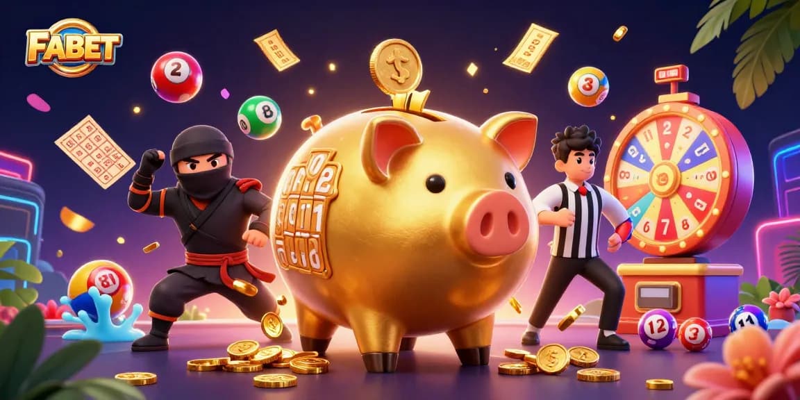 FABET showcases a thrilling online casino scene with characters battling amidst vibrant game elements.