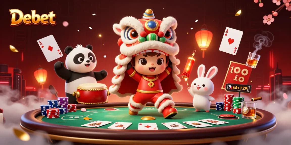 Experience the thrill of gambling with Debet's vibrant 3D scene featuring lion dance and poker.