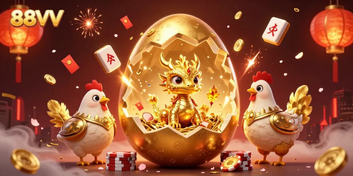 Engage with 88VV's dazzling golden dragon scene amidst a vibrant casino atmosphere.