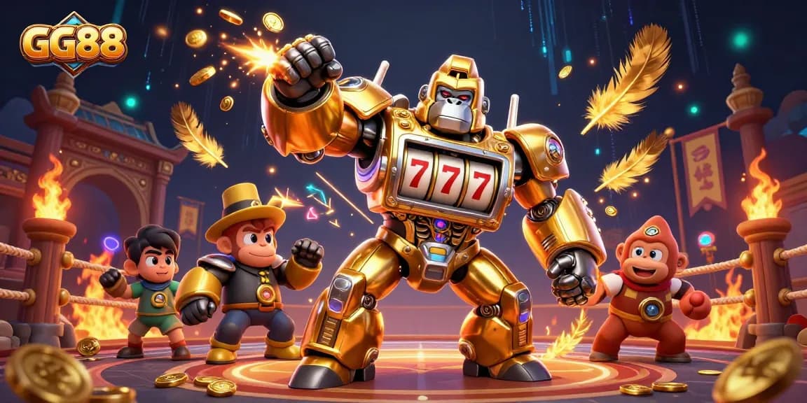 Experience the excitement of GG88 with a dynamic 3D illustration showcasing a golden gorilla mech triumphantly exploding with coins.