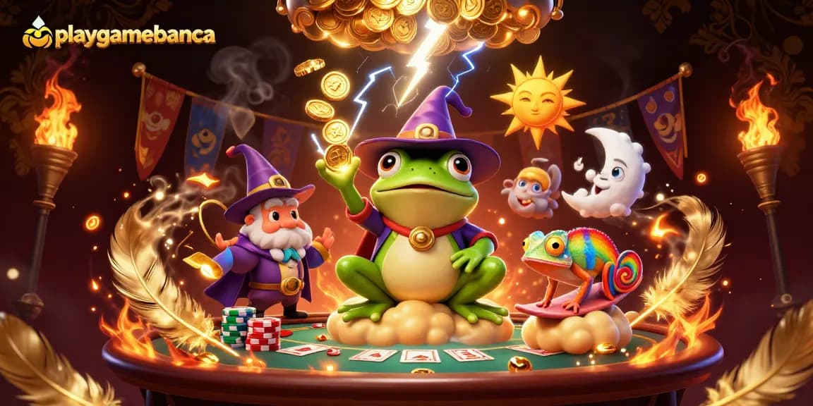 Engage with playgamebanca's vibrant poker illustration featuring a wizard frog and rainbow chameleon amidst golden coins.