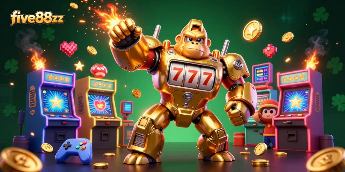 Five88zz showcases a vibrant 3D scene with a golden mech and arcade elements, perfect for gamblers' excitement.