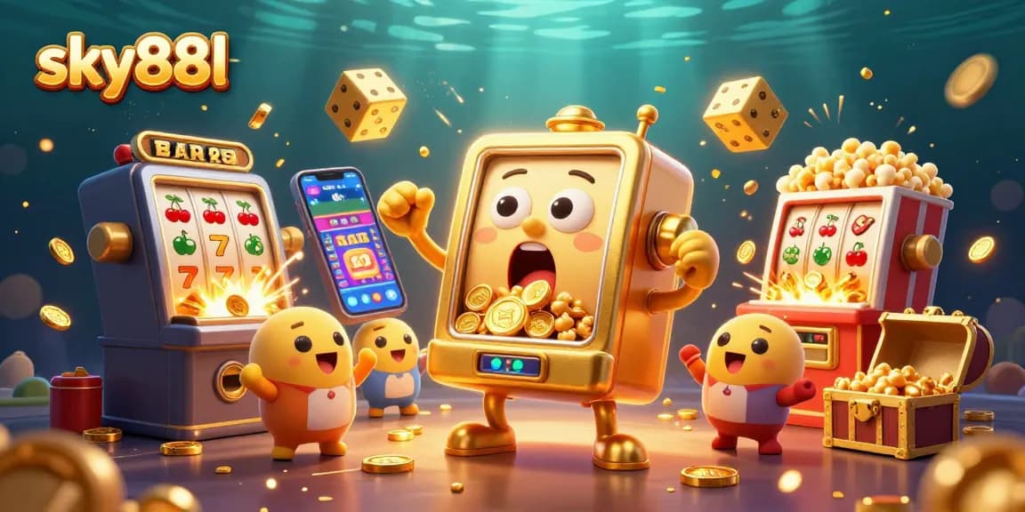 Experience thrilling wins at sky88l with a joyful slot machine celebrating its jackpot amidst a vibrant casino scene.