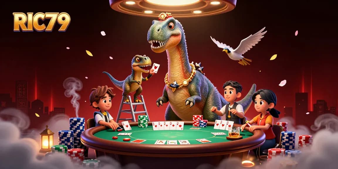 Engage in thrilling card dealings with RIC79's interactive casino experience in a vibrant 3D illustration.