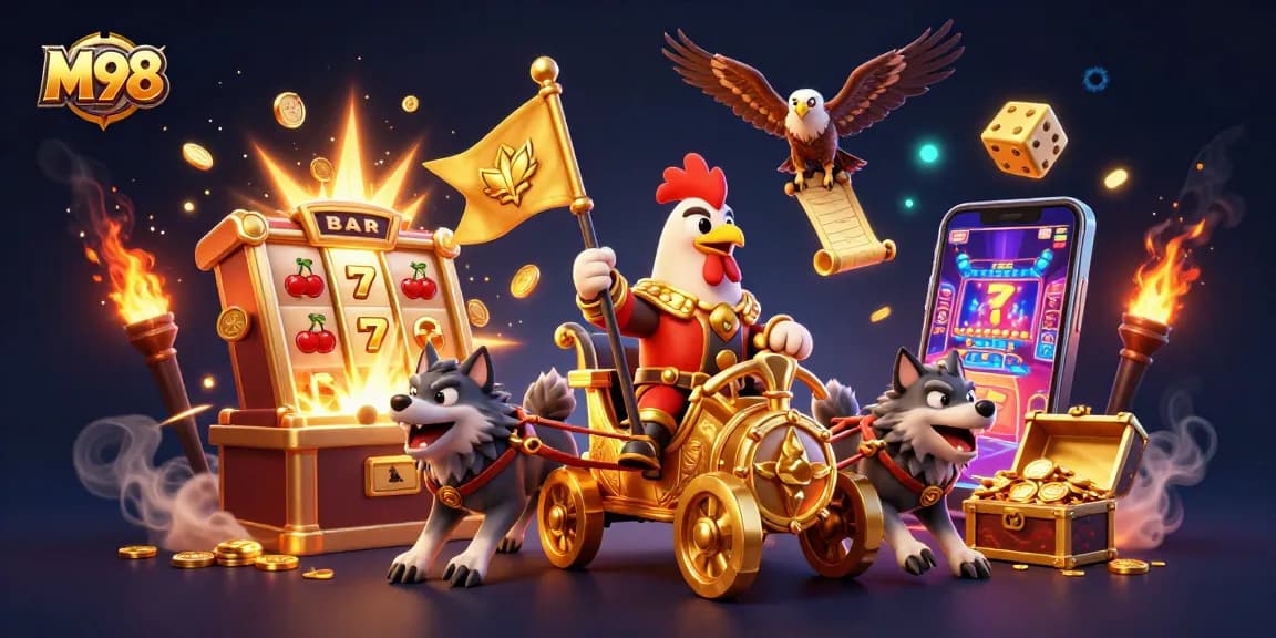 M98 offers thrilling slot play as the rooster warlord and wolves conquer the casino world!