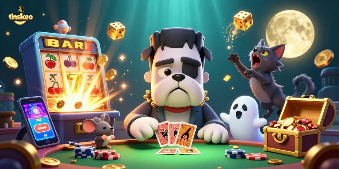 Tinsoikeo showcases a thrilling casino scene with a Frankenstein bulldog dealer and a werewolf kitten, enhancing your gaming experience.