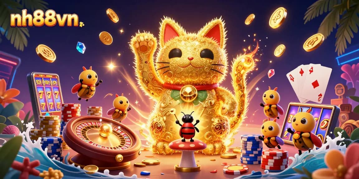 Experience the excitement of nh88vn with the golden lucky cat and vibrant casino elements.