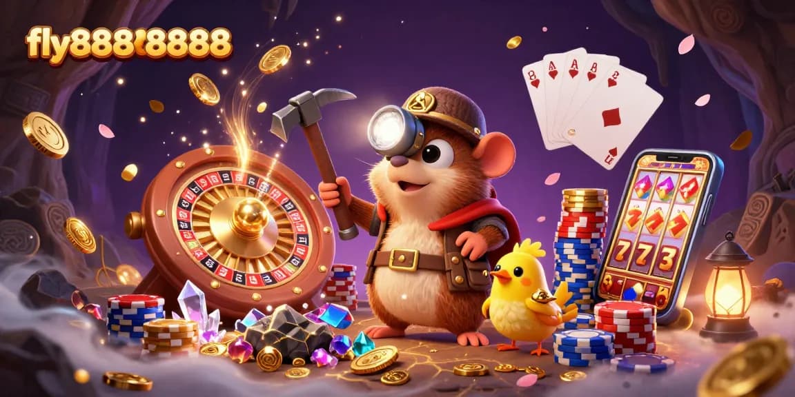 fly88888888 showcases a thrilling treasure hunt in a dazzling casino environment with glowing gems and coins.