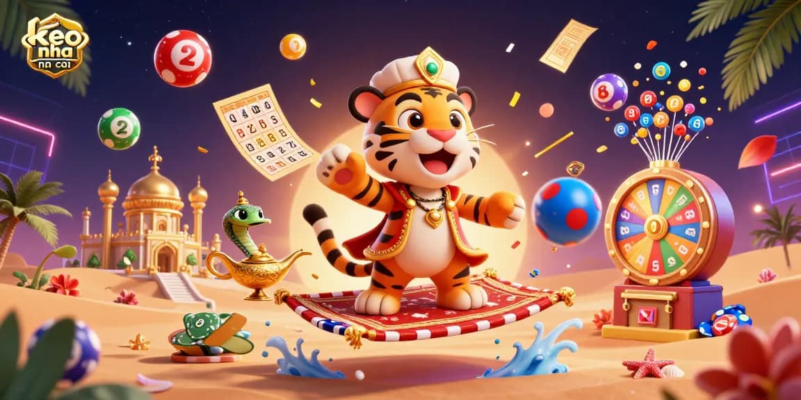 Engage with keo nha cai in this vibrant casino-themed illustration featuring a tiger sultan and lottery elements.