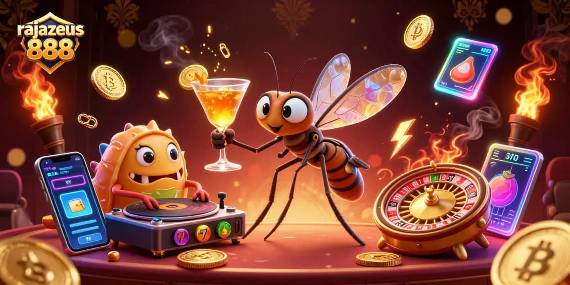 Experience the excitement of rajazeus 888 with a dynamic casino-themed illustration showing rich game elements and characters.