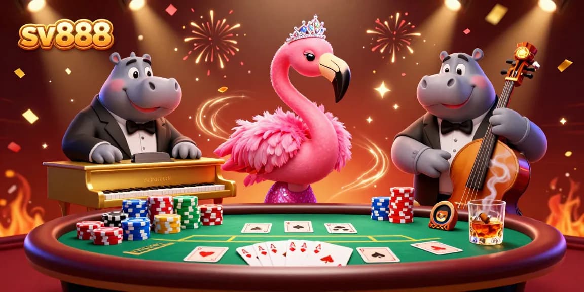Experience the excitement of sv888 with vibrant casino characters and poker elements in a celebratory scene.