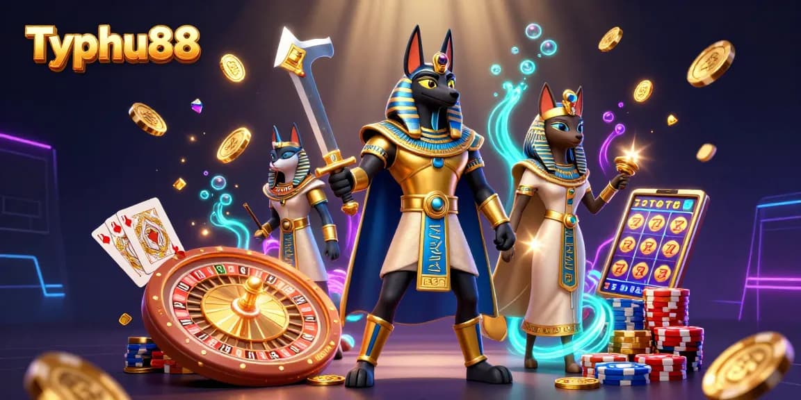 Engage in thrilling gameplay at Typhu88 with Anubis and Bastet amidst dazzling casino elements.