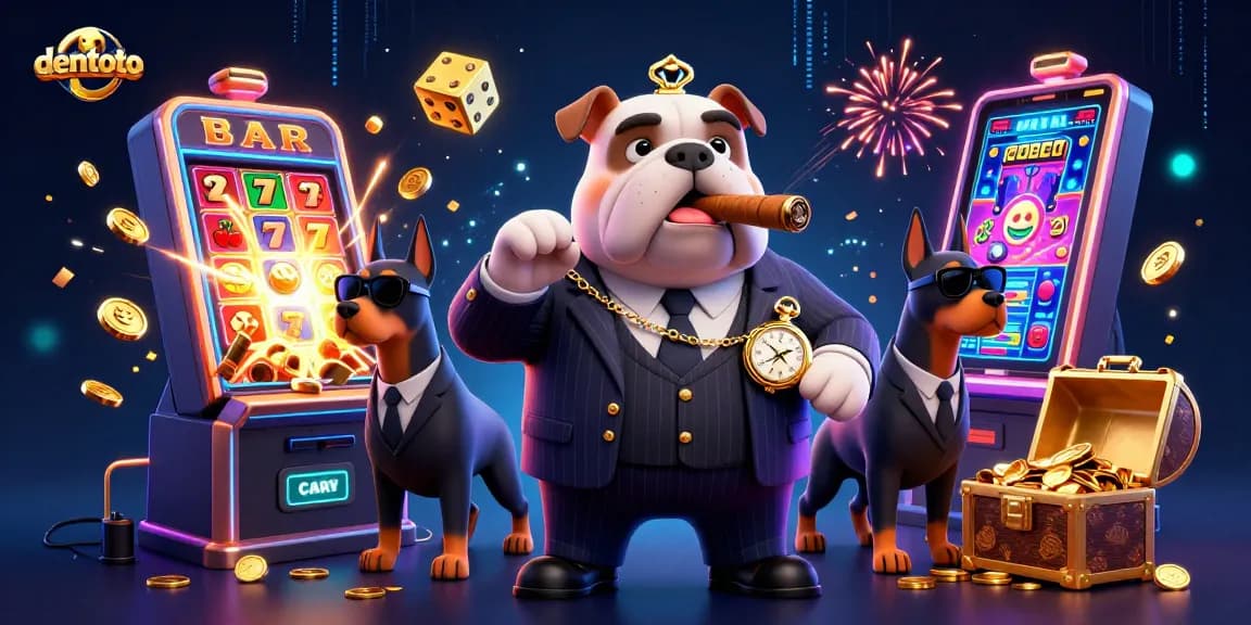 Experience thrilling gameplay with dentoto's dynamic slot machine illustration featuring a mafia bulldog and Doberman bodyguards.
