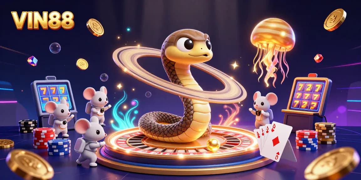 Bet with VIN88 at a lively cosmic casino featuring charming characters and exciting game elements.