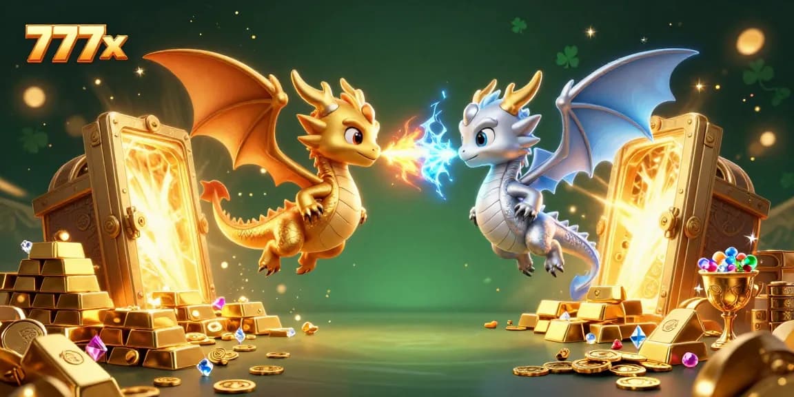 Engage with 777x in a dynamic 3D casino scene featuring dragons and treasure elements.