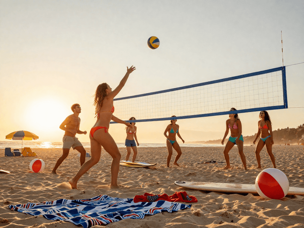 Friends playing beach volleyball in vibrant BIKINISLOT outfits on sunny beach.