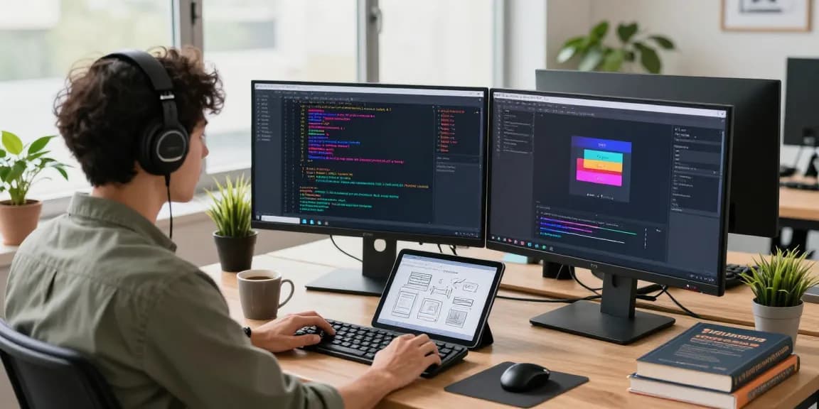 Software engineer using beta tools in a productive tech workspace.