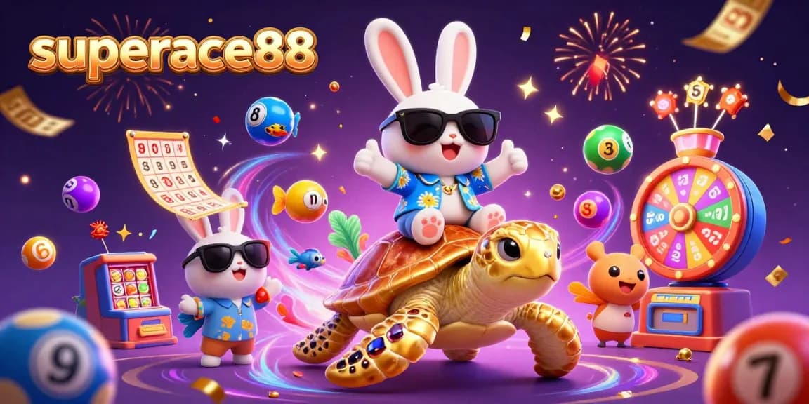 Engage with superace88's thrilling gaming vibes featuring a lucky rabbit and golden turtle in an animated casino atmosphere.