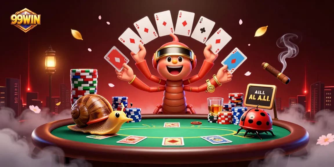 Experience the vibrant action of 99WIN with an animated dealer, chips, and cards in a competitive gaming scene.