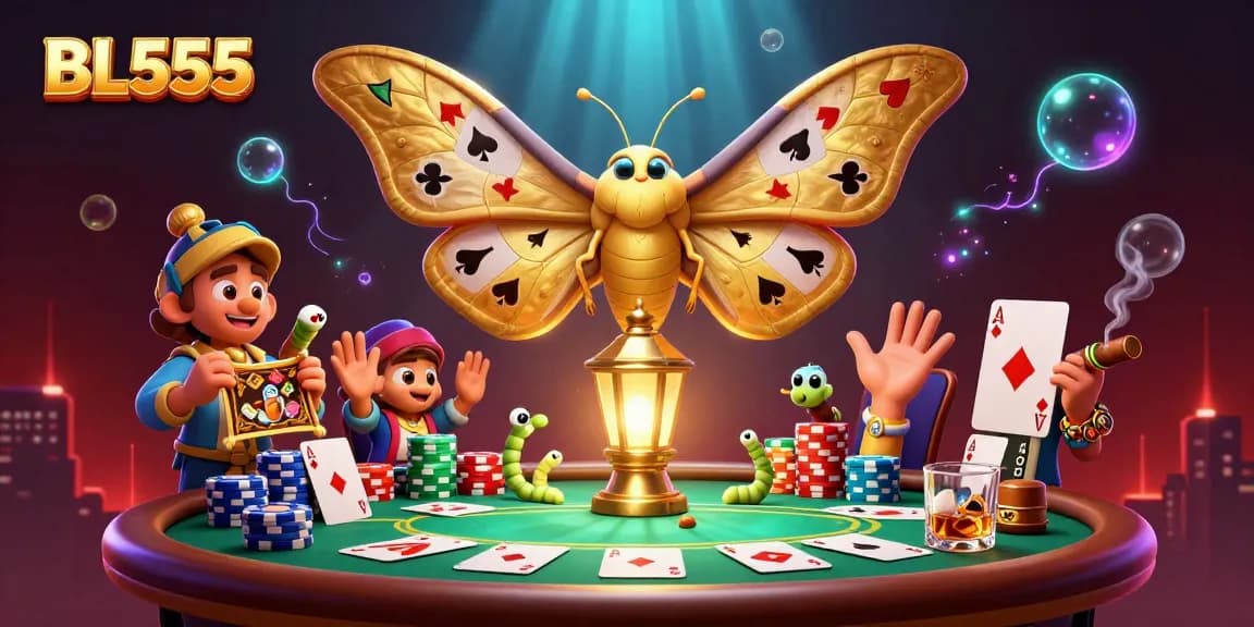 Engage with the thrilling world of BL555's casino games featuring splendid designs of moths and intricate poker setups.
