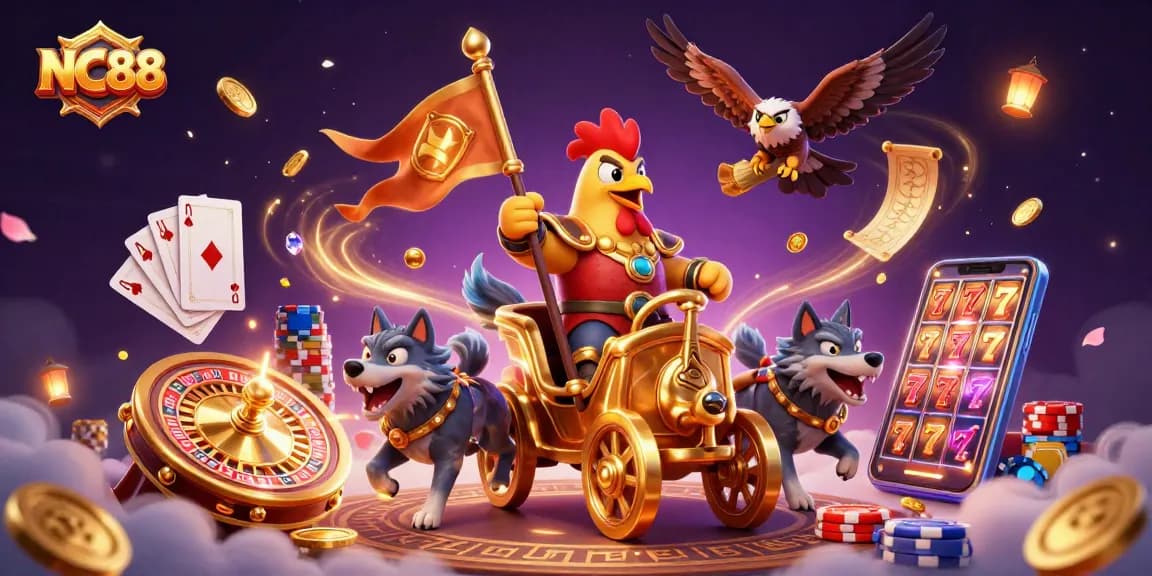Action-packed NC88 scene with a rooster warlord and gambling symbols creating vibrant energy.