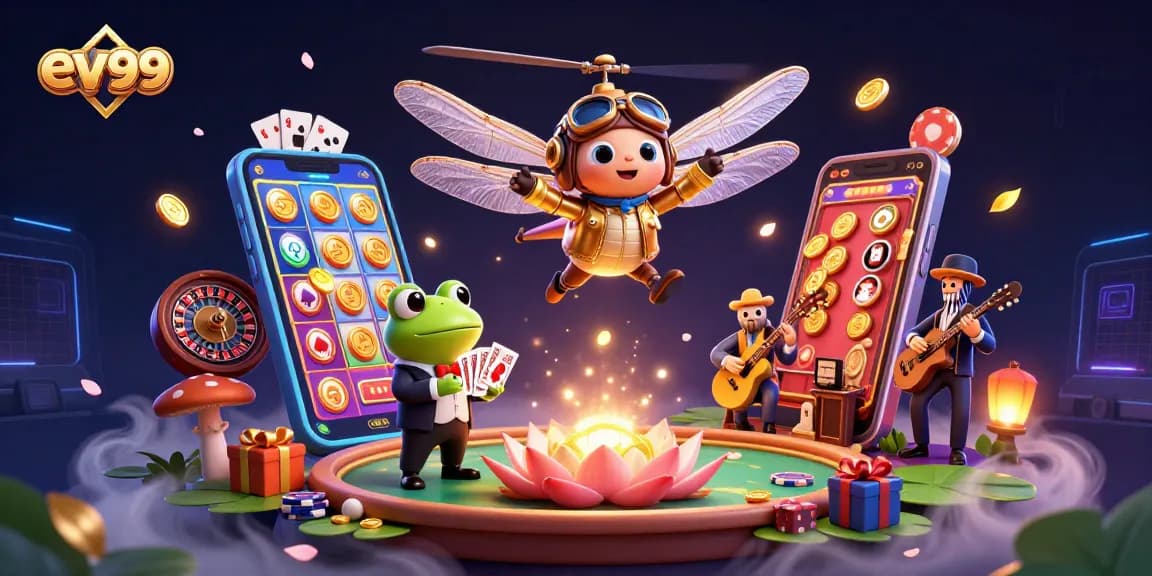 Experience thrilling gaming action at ev99 with a vibrant casino scene featuring unique characters.