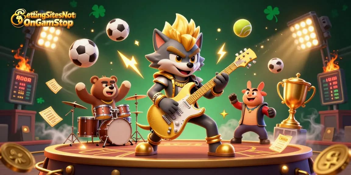 Engaging scene illustrating BettingSitesNotOnGamStop featuring a rock star wolf and drummer bear amid dynamic sports elements.