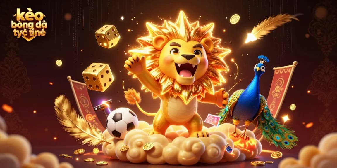 Experience kèo bóng đá trực tuyến with a roaring lion, rolling dice, and vibrant sports elements in a dynamic scene.